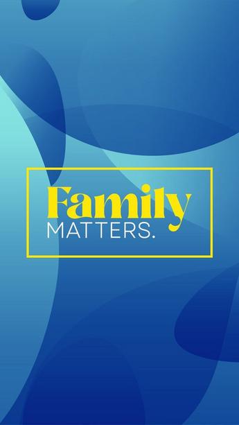 Logo artwork for the Recording Academy's Family Matters video series. The words "Family Matters" are written in yellow with a yellow box surrounding the words on top of a light-blue background.